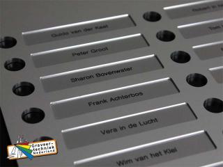 Naambord met verwisselbare namen, kan bv incl gaten voor de beldrukker, afmeting in overleg.